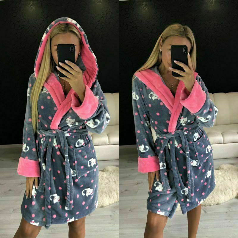 Халат жіночий махровий із капюшоном теплий Туреччина сірий із котами, фото 1