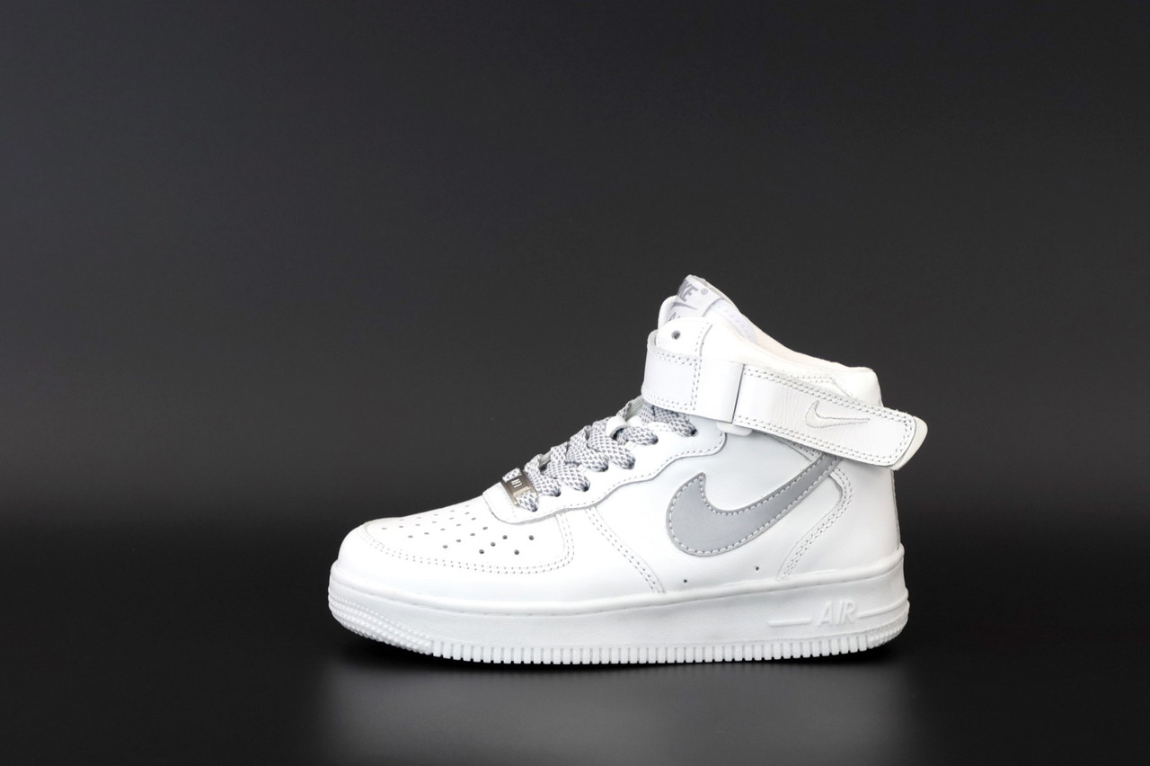 Кросівки Nike Air Force 1 High Reflective White Gray / Найк Аїр Форс 1 Високі Білі з Сірим (Рефлективні)