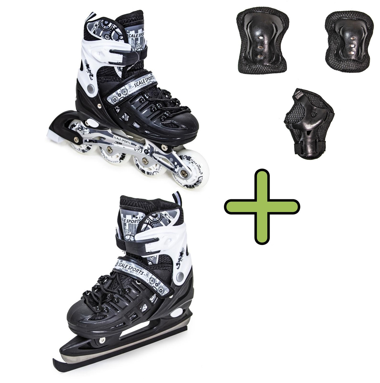 Ролики-ковзани із захисним екіпіруванням Scale Sport. Black (2в1), розмір 29-33