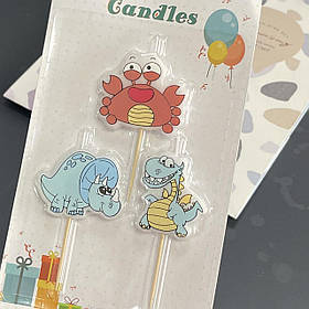 Свічки в торт "Динозаври, краб", 3 шт, Набор свечей в торт "Динозавры, краб"