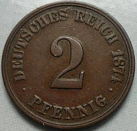 Монета "2 пфеннига" 1874 год, Германская империя, VF-XF.