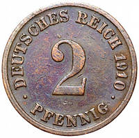 Монета "2 пфеннига" 1911 год, Германская империя, XF.