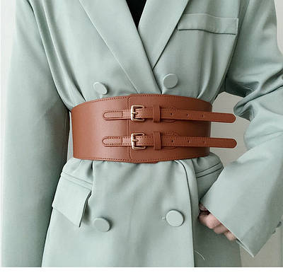 Ремінь-жіночий пасок корсет корсетний широкий на гумці з двома пряжками еко-шкіряний масивний на пальто піджак Рудий