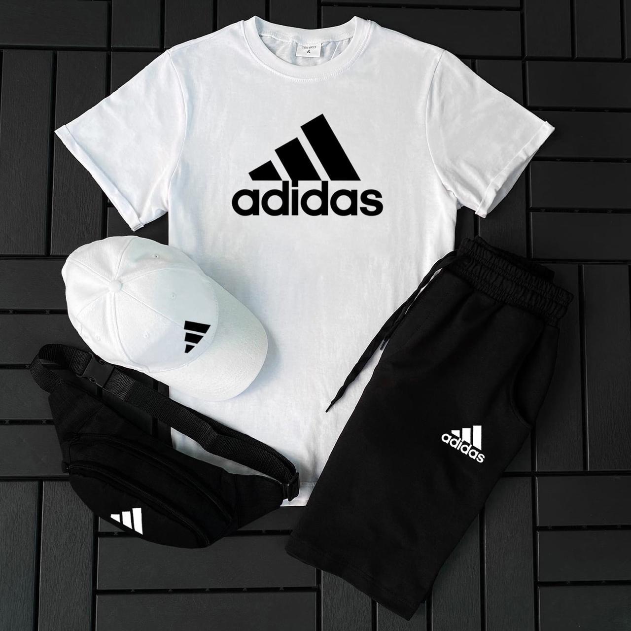 Чоловічий літній костюм Adidas Футболка + Шорти + Кепка + Барсетка в подарунок білий із чорним комплект