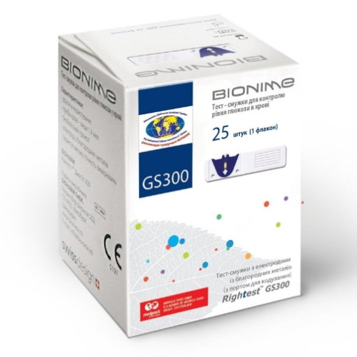 Тест-полоски для глюкометра Бионайм (Bionime) GS300 Rightest 25шт - фото 1 - id-p724387403