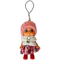 Брелок зі шнурком лялька в шубці та спідниці з чорною квіточкою світло-рожева