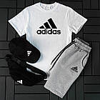 Чоловічий літній костюм Adidas Футболка + Шорти + Кепка + Барсетка в подарунок білий із чорним комплект, фото 3