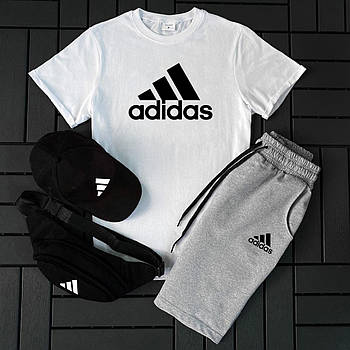 Чоловічий літній костюм Adidas Футболка + Шорти + Кепка + Барсетка в подарунок білий із сірим комплект