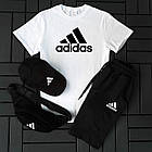 Чоловічий літній костюм Adidas Футболка + Шорти + Кепка + Барсетка в подарунок білий із сірим комплект, фото 3