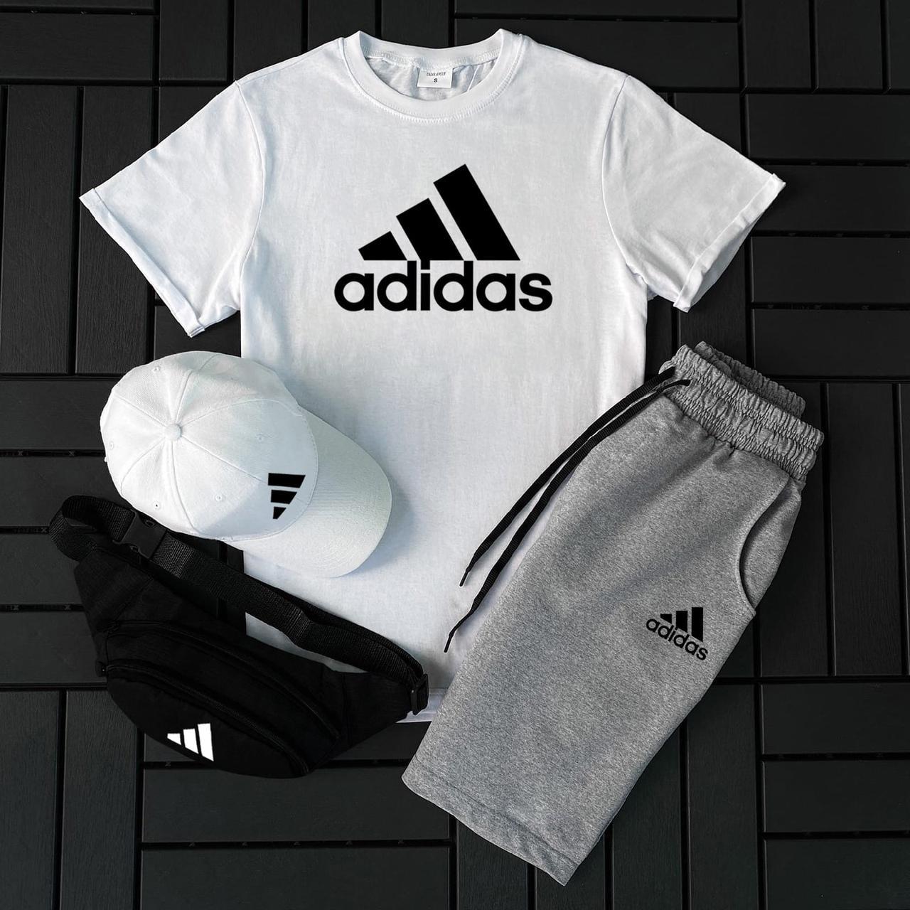 Чоловічий літній костюм Adidas Футболка + Шорти + Кепка + Барсетка в подарунок білий із сірим комплект