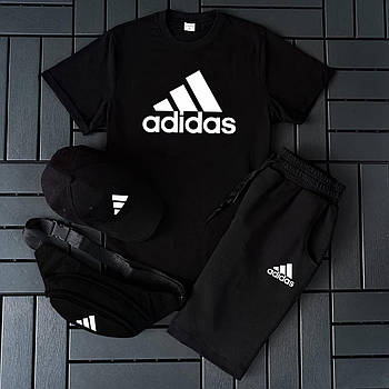 Чоловічий літній костюм Adidas Футболка + Шорти + Кепка + Барсетка в подарунок чорний комплект