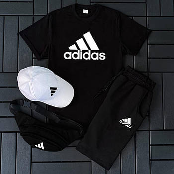 Чоловічий літній костюм Adidas Футболка + Шорти + Кепка + Барсетка в подарунок чорний комплект