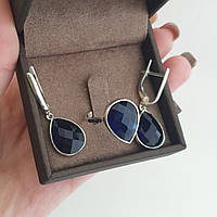 Серебряный комплект серьги и кольцо с большими синими камнями