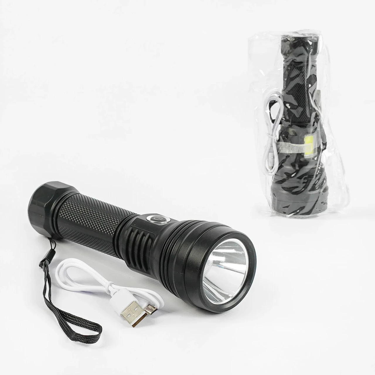 Ліхтар ручний акумуляторний світлодіодний C 56761, 4 режими роботи, USB-кабель, у пакеті, фото 1