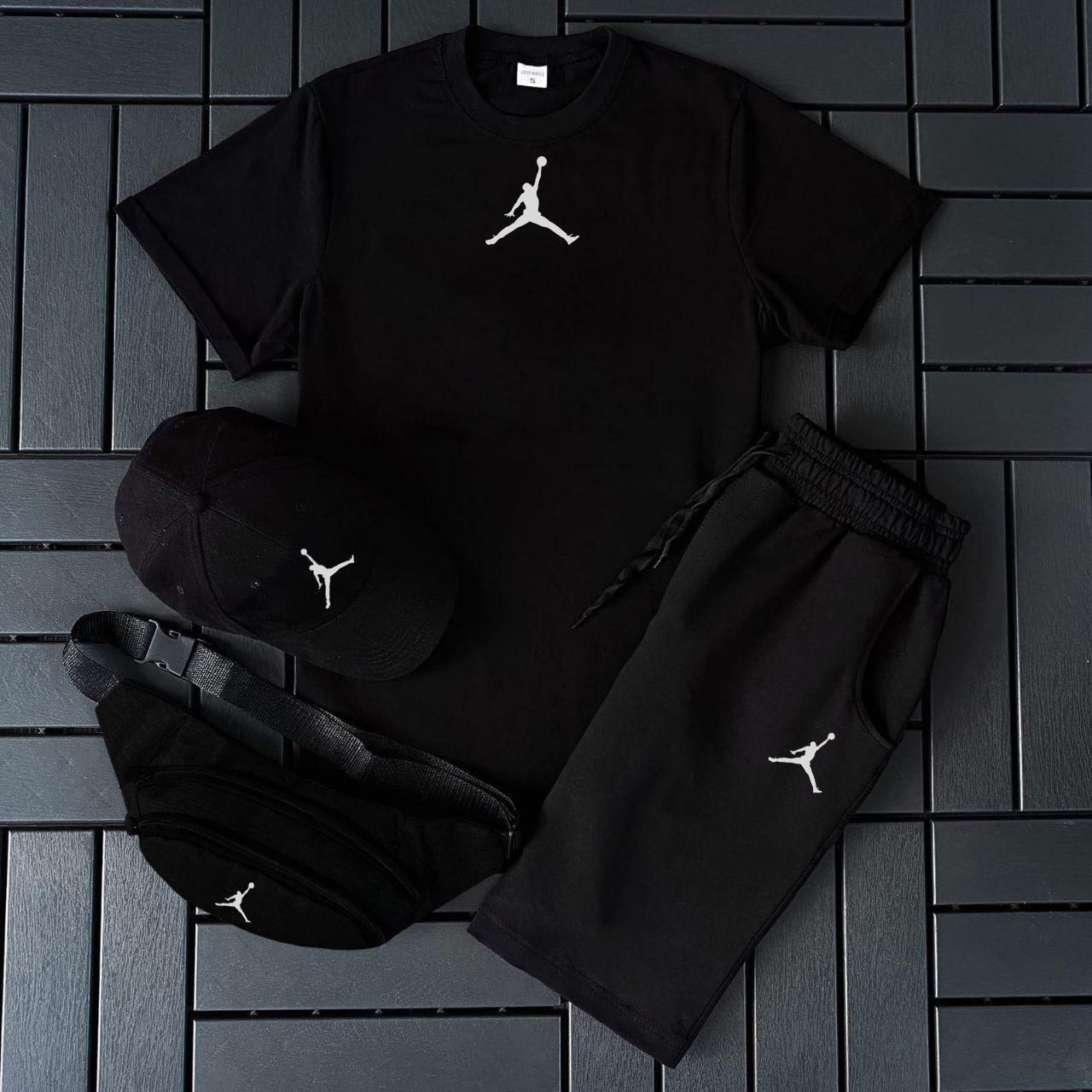 Чоловічий літній костюм Jordan Футболка + Шорти + Кепка + Барсетка в подарунок чорний комплект Джордан