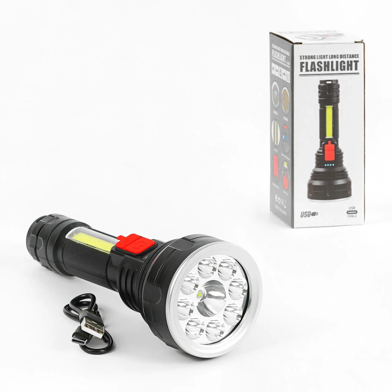 Ліхтар світлодіодний ручний акумуляторний, 4 режими роботи, індикатор заряду, USB-кабель, C 56762, фото 1