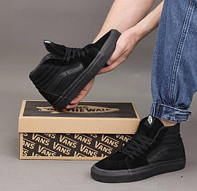 Кеди високі Vans SK 8 Mid Total Black Ванс СК8 чорні високі кеди замша демісезон