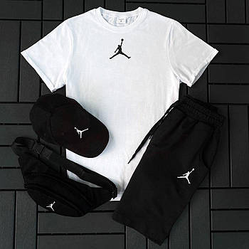 Чоловічий літній костюм Jordan Футболка + Шорти + Кепка + Барсетка в подарунок білий із чорним комплектайслат