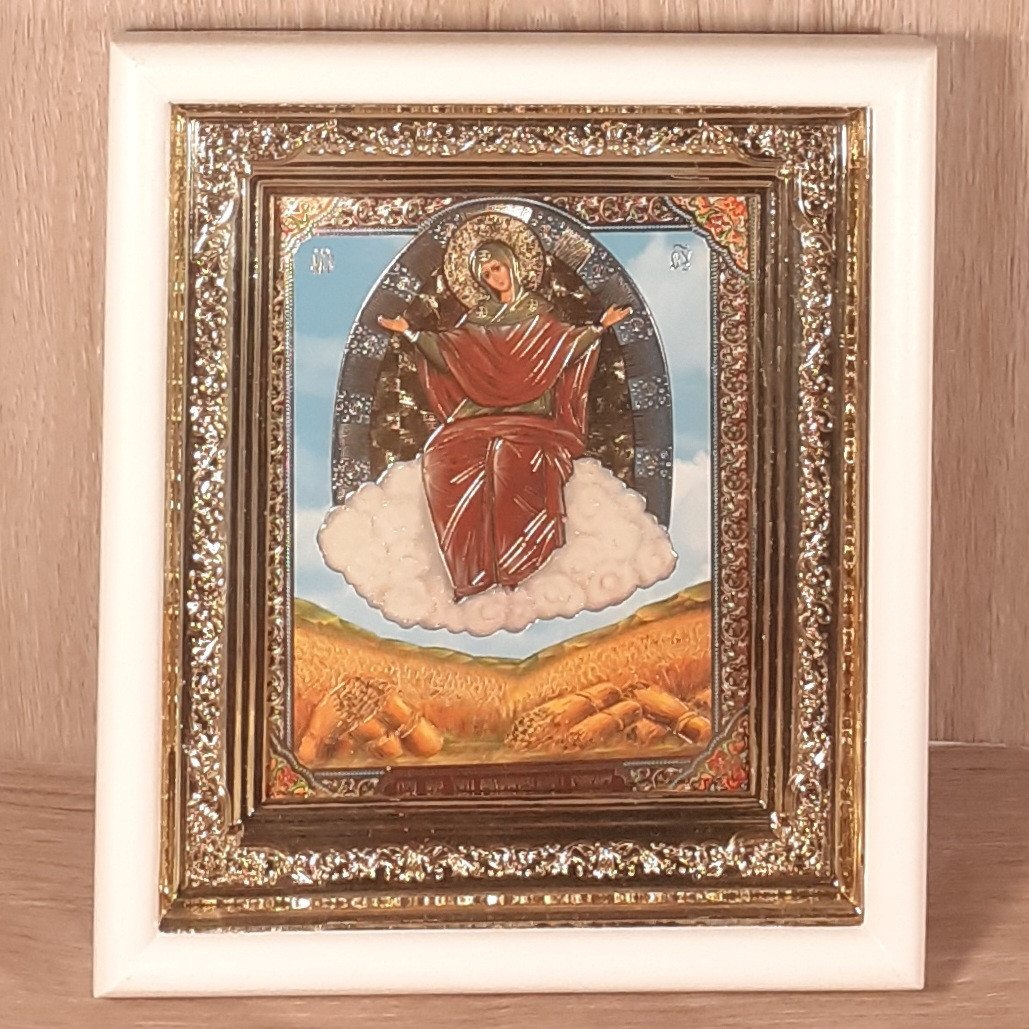 Ікона Спорительниця хлібів Пресвята Богородиця, лик 10х12 см, у білому прямому дерев'яному кіоті, фото 1