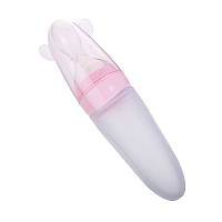 Бутылочка с ложкой силиконовая для кормления у ушками Розовый