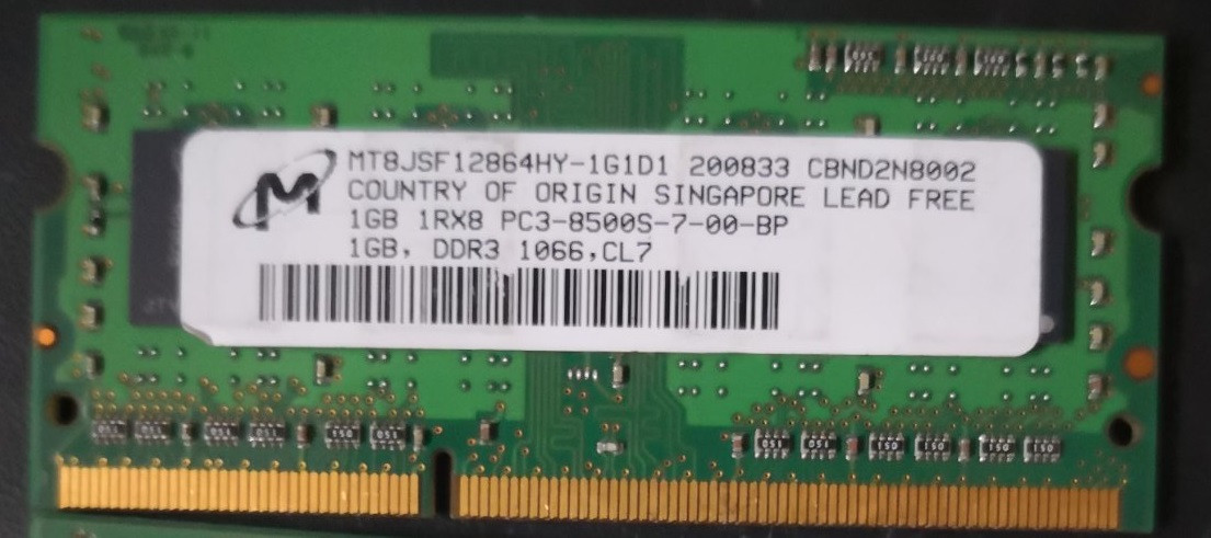 Оперативна пам'ять для ноутбука DDR3 1Gb Micron 1066MHz PC3-8500S бу