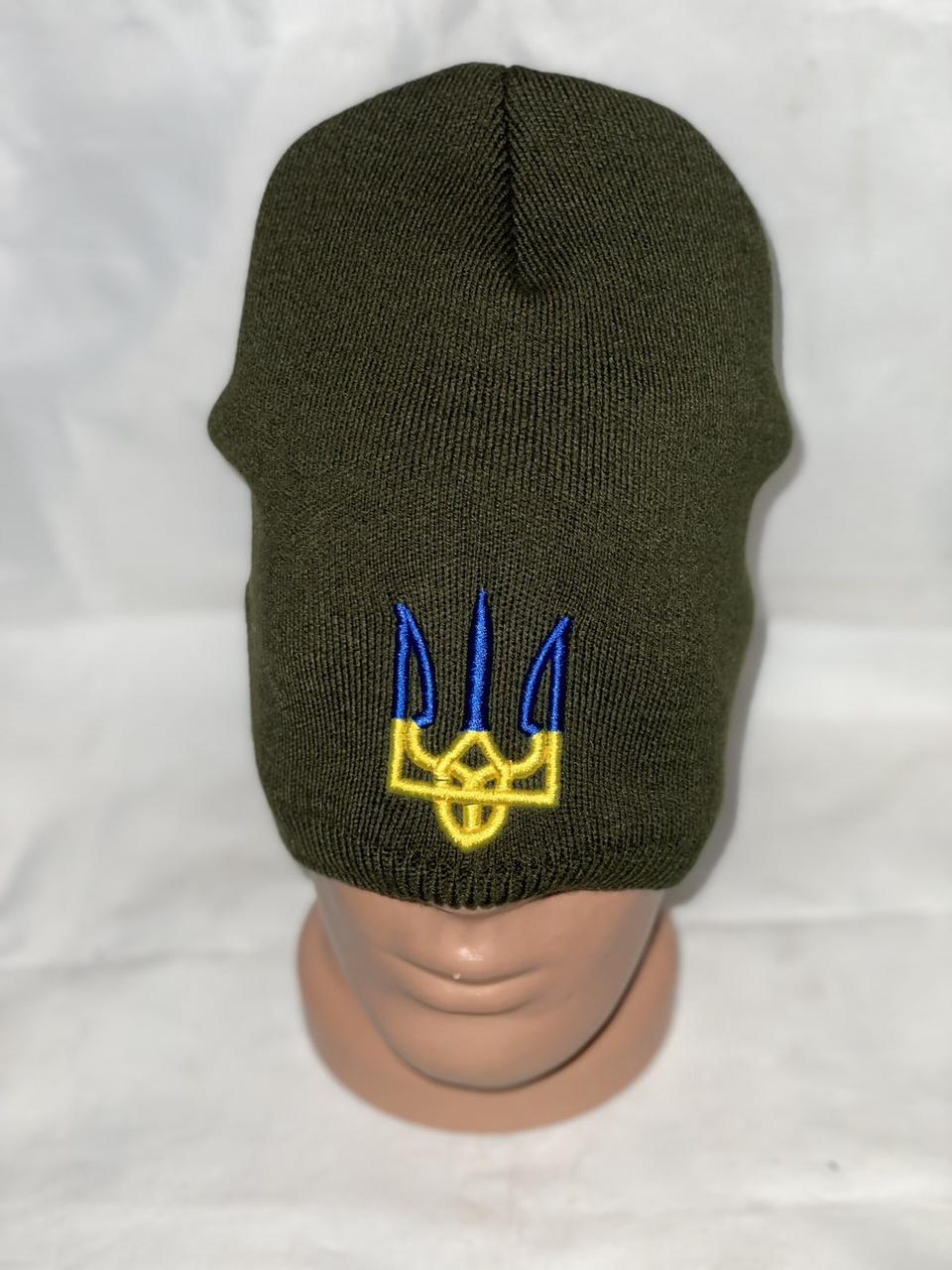 В'язана чоловіча шапка на флісі хакi VK79-1 шерсть+акрил. вир-во Україна.