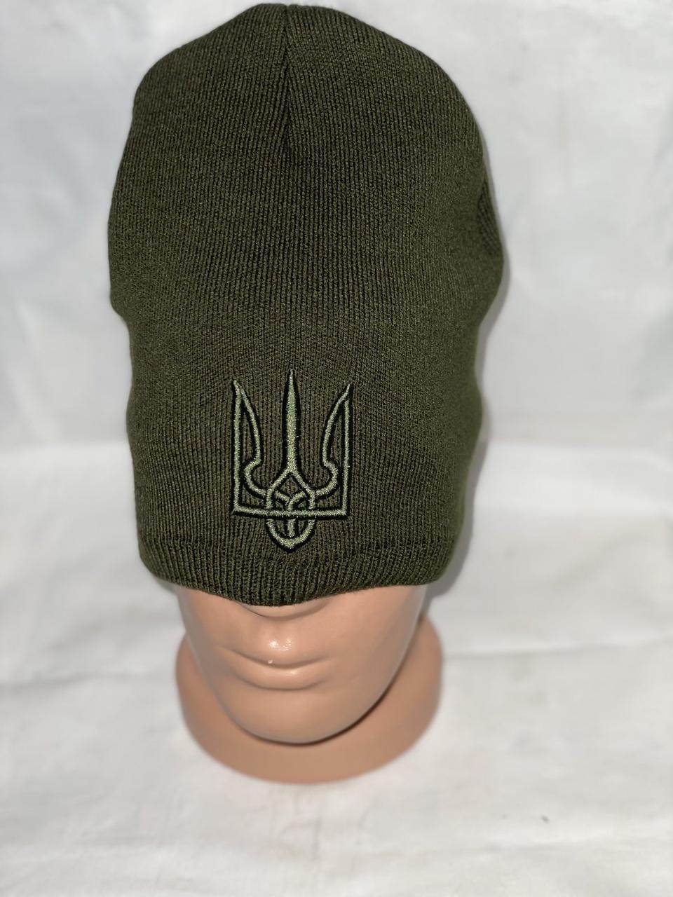 В'язана чоловіча шапка на флісі хакi VK80-1 шерсть+акрил. вир-во Україна.