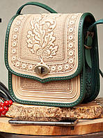 Зелено-коричнева шкіряна сумка через плече прямокутна з орнаментом тисненням Етно