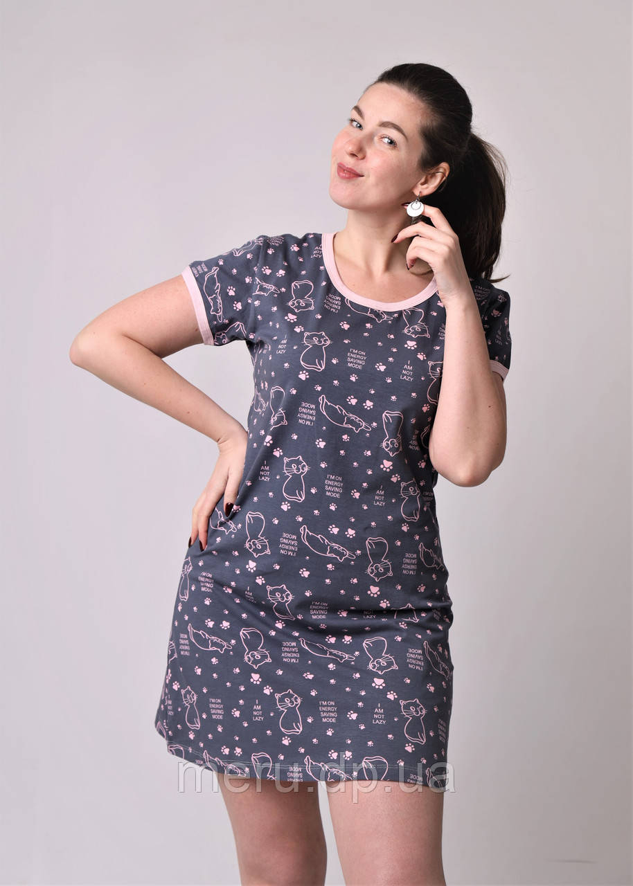 Нічна сорочка з бавовни, домашнє плаття з короткими рукавами, розмір 46-52, ТМ MERU