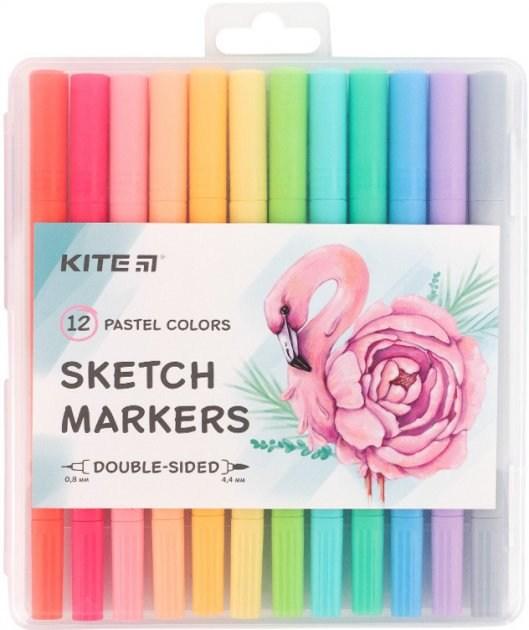 Скетч-маркери Kite Pastel 12 кол двосторонні з пензликом пластик пенал, фото 1