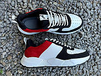 Мужские мягкие демисезонные кроссовки из натуральной кожи черно белые с красным ,премиум качество