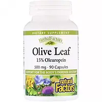 Оливковый лист, Natural Factors, Herbal Factors, листья оливкового дерева, 500 мг, 90 капсул