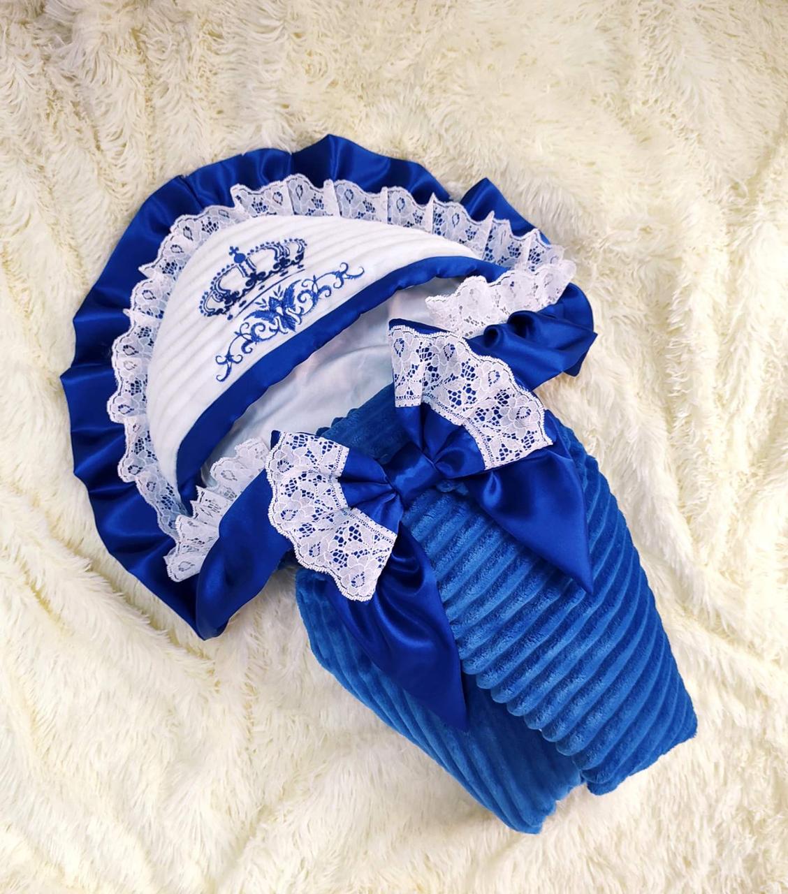 Ошатний плюшевий демісезонний конверт на виписку, вишивка мереживо рюші, синій, фото 1