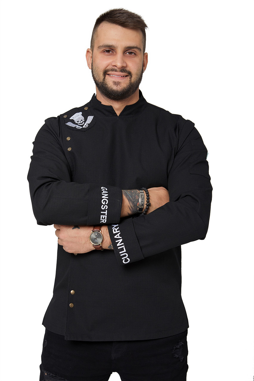 Чоловічий Кухарський кетель із вишивкою Gangster — стильний чоловічий кіт на кнопках із довгим рукавом, фото 1