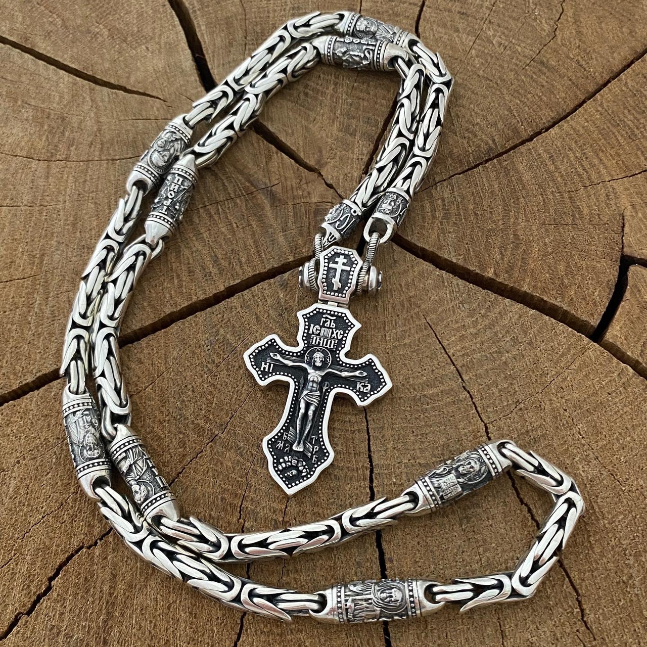 Срібний ланцюжок Лисий Хвост зі вставками личків святих і Хрестом, фото 1