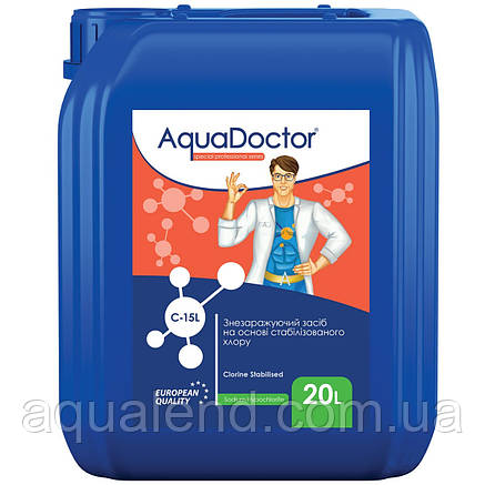 Рідкий хлор (гіпохлорит натрію) для басейну Aquadoctor C-15L 20 л | Аквадоктор, фото 3