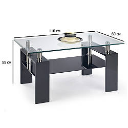 Чорний глянсовий журнальний столик прямокутний Diana H 110х60х55 см з скляною полицею на ніжках у кабінет