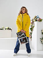 Стильна вільна жіноча куртка-кокон від Khan арт.1010 Плащівка «оксамит» жовтого кольору/ жовтий