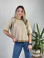 Женская модная стильная трикотажная футболка кофта в полоску бежевый р.42