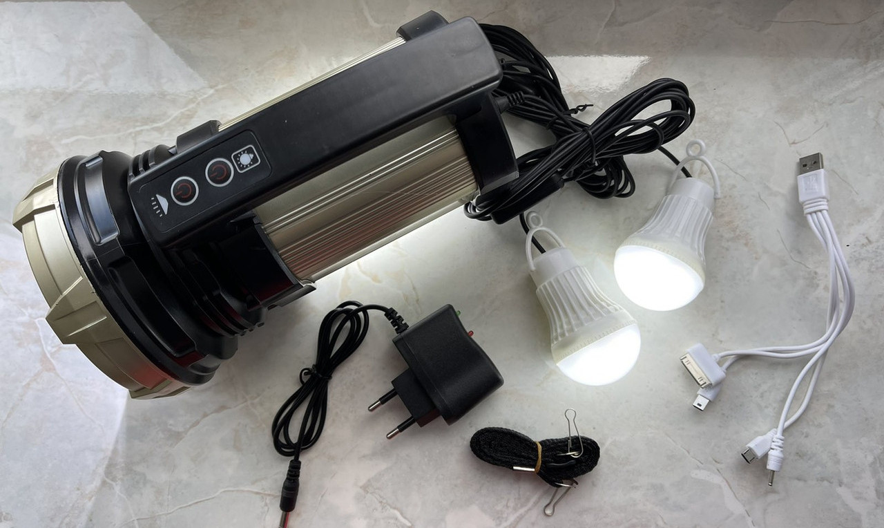 Светодиодный фонарь LL-5806,50W+25WCOB SMD LED(4W) 1*Lead acid battery 6000mAH2*3W LED BULB+CHARGER+BLET+USB