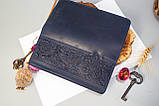Темно-синій гаманець жіночий довгий шкіряний з орнаментом тисненням Тризуб Герб України Калина, фото 2