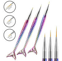 Набор тонких разноцветных кистей омбре "Рыбка" для рисования тонких линий, для росписи и дизайна ногтей, 3 шт.