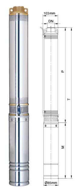 Насос відцентровий Dongyin 3.5SDm3/20 1.1 кВт H 125(84)м Q 60(40)л/хв Ø85мм