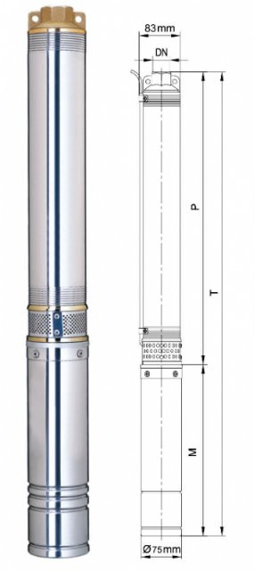 Насос центробежный Dongyin 3SEm1,8/20 0.55кВт H 84(60)м Q 45(30)л/мин Ø75мм 40м кабеля - фото 1 - id-p294346827