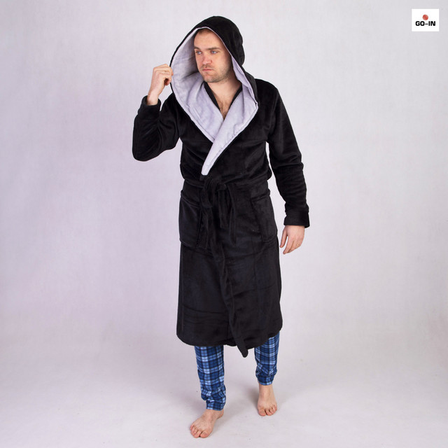 Халат мужской с двойным капюшоном махровый теплый однотонный черный 44-58р