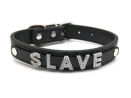 Чокер-нашийник чорний зі стразами та металевим написом SLAVE