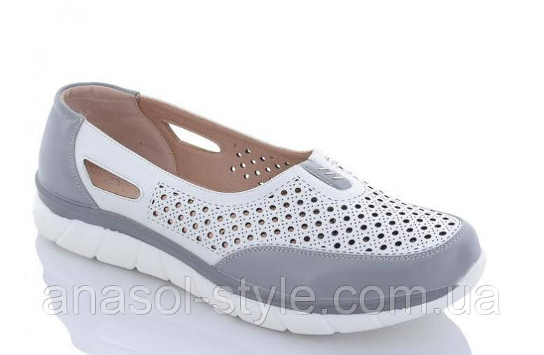Туфлі жіночі літні еко-шкіра великих розмірів перфоровані на повну ногу сірий+білий