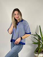 Женская модная стильная трикотажная футболка кофта Поло с воротником в полоску синий р.44
