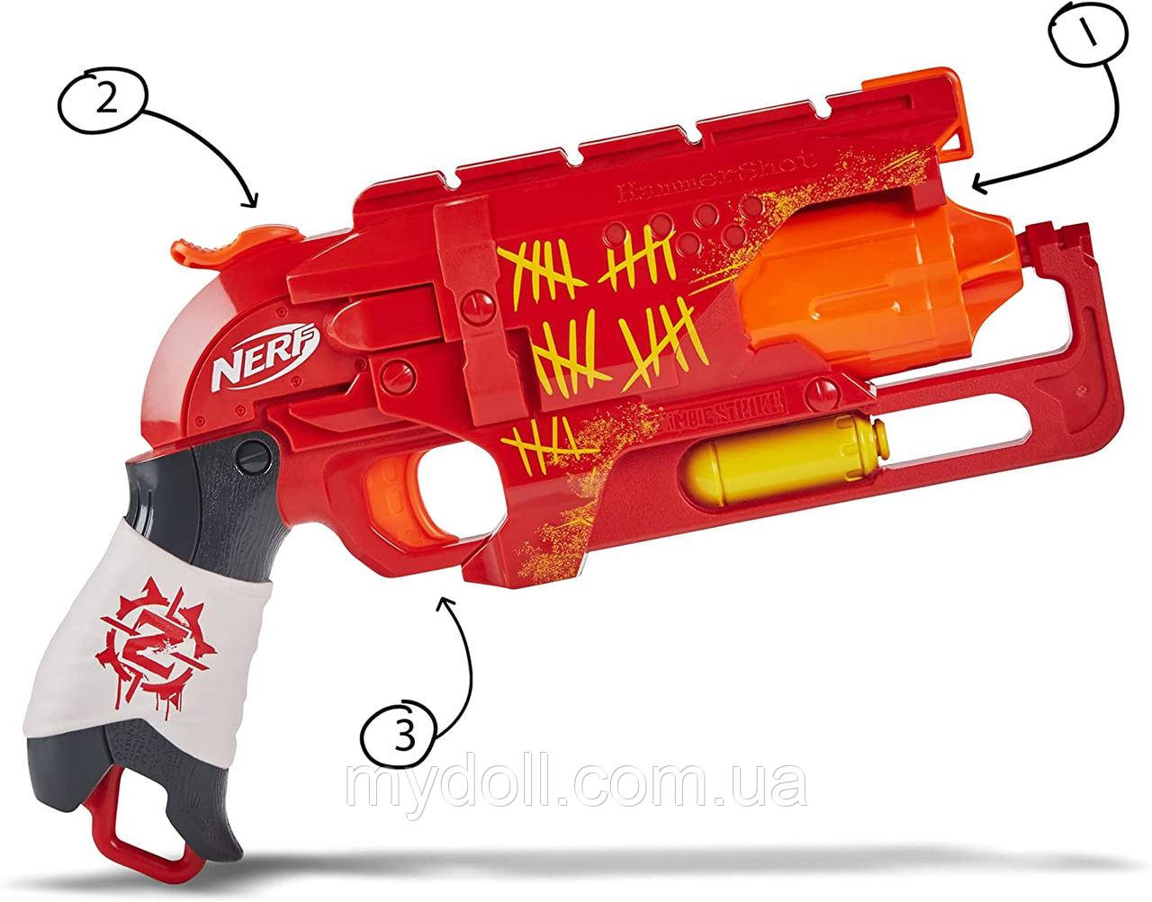 Бластер NERF Zombie Strike Hammershot Blaster Pull-Back Hammer-Blasting Action Червоний E6338 Оригінал