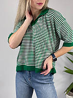 Женская модная стильная трикотажная футболка кофта Поло с воротником в полоску зелёный р.42